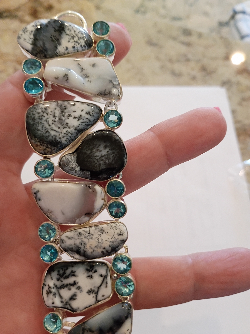 Dendritic Snowflake Agate& Blue Topaz Stones Bracelet So Beautiful & Unique!